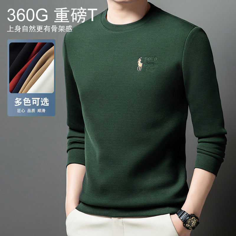 Polo Thickened embroidered crew neck sweatshirt for young men in solid colors 2025 autumn new cotton long-sleeved T-shirt base shirt for men