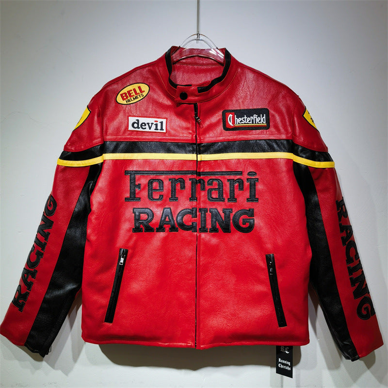25. European and American new autumn and winter retro racing suits, heavy industry PU leather jackets, spliced embroidery jackets, men's and women's jackets, motorcycle suits