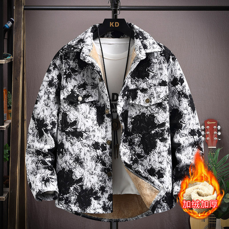 LV Fleece thickened jacquard yarn-dyed autumn and winter Korean shirt with men's ethnic style loose top casual jacket