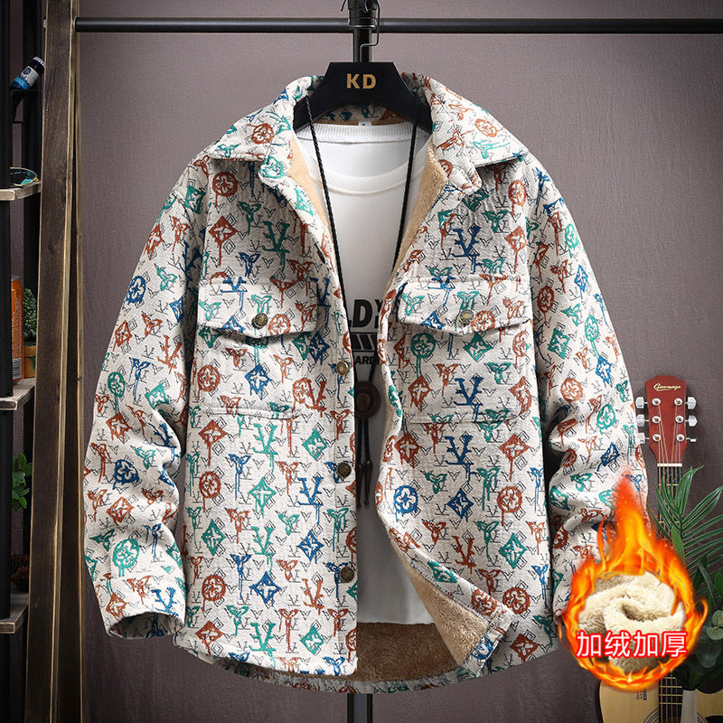 LV Fleece thickened jacquard yarn-dyed autumn and winter Korean shirt with men's ethnic style loose top casual jacket