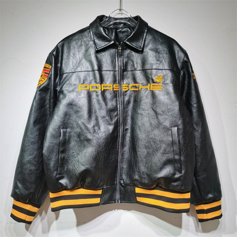25. European and American new autumn and winter retro racing suits, heavy industry PU leather jackets, spliced embroidery jackets, men's and women's jackets, motorcycle suits