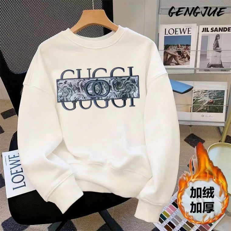Gucci Fleece and thickened sweatshirt autumn and winter heavyweight crewneck sweatshirt men's and women's Korean version casual and versatile long-sleeved top jacket
