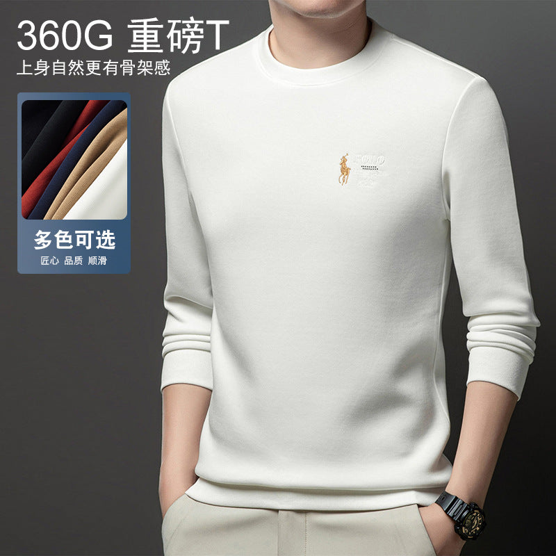 Polo Thickened embroidered crew neck sweatshirt for young men in solid colors 2025 autumn new cotton long-sleeved T-shirt base shirt for men