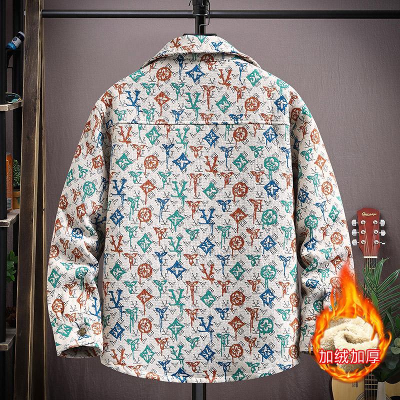 LV Fleece thickened jacquard yarn-dyed autumn and winter Korean shirt with men's ethnic style loose top casual jacket