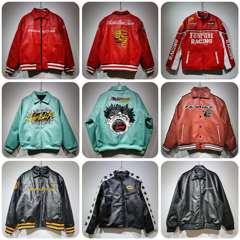 25. European and American new autumn and winter retro racing suits, heavy industry PU leather jackets, spliced embroidery jackets, men's and women's jackets, motorcycle suits