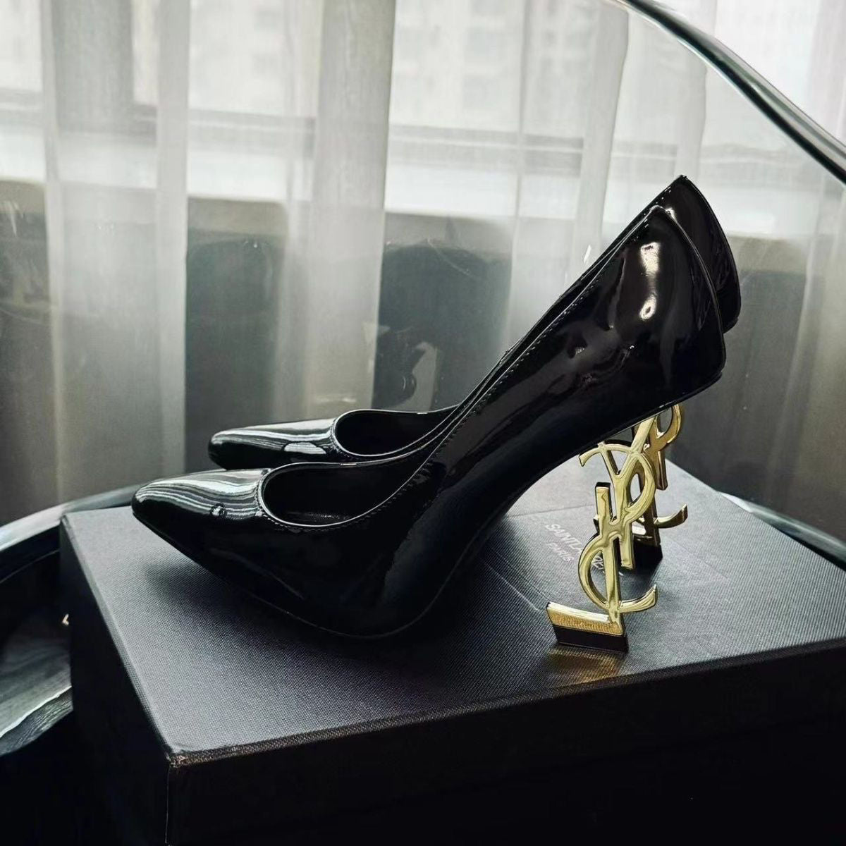 YSL 2025 New Casual Same French Letter Celebrity High Heels YS Pointed Toe Metal Heel Sexy Black Shoes