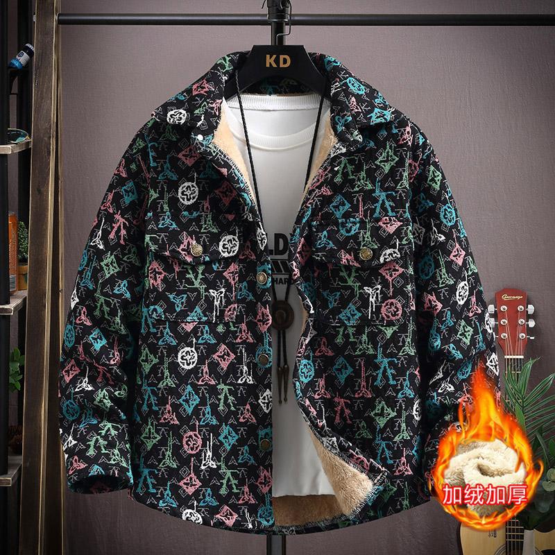 LV Fleece thickened jacquard yarn-dyed autumn and winter Korean shirt with men's ethnic style loose top casual jacket