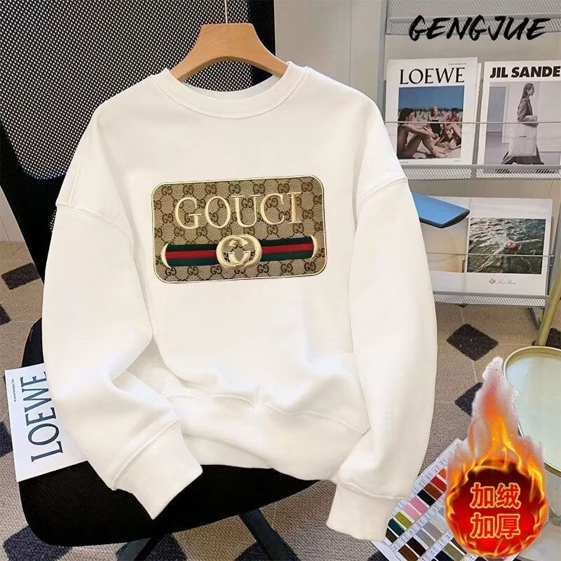 Gucci European trendy brand printed men's sweatshirt heavy cotton round neck and fleece autumn and winter loose fashion and versatile top
