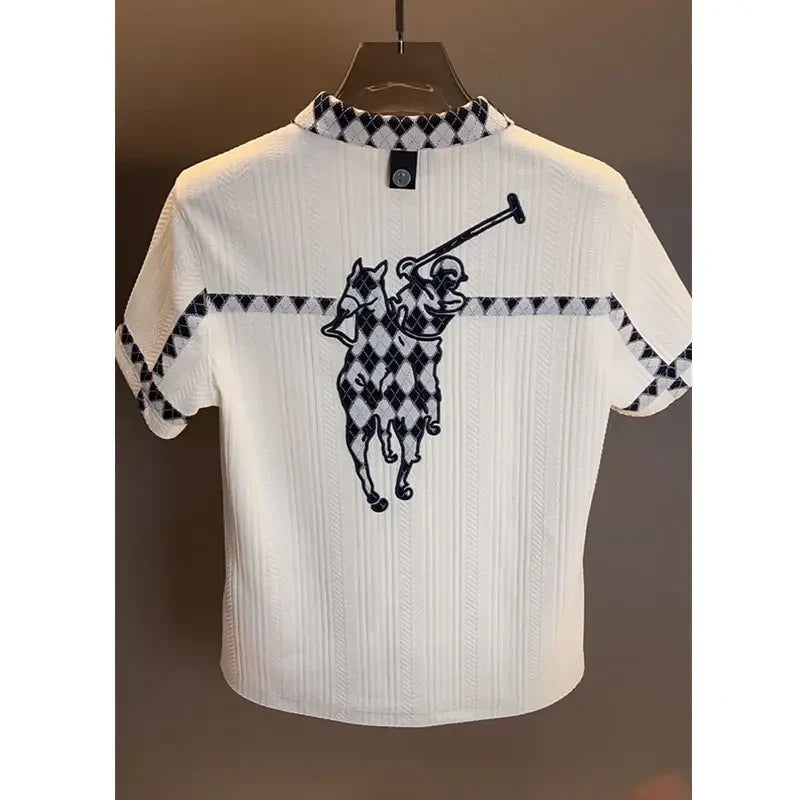 Polo European station light luxury haute couture men's clothing 2025 summer new diamond plaid spliced solid color business simple shirt