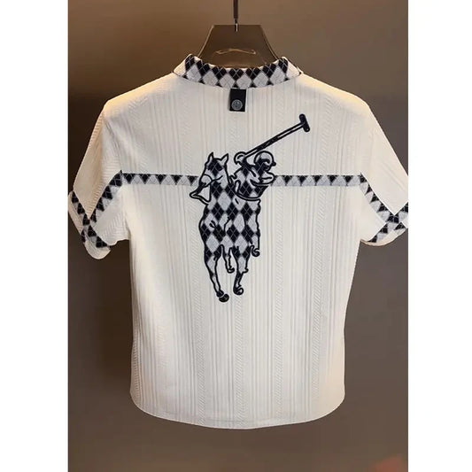 Polo European station light luxury haute couture men's clothing 2025 summer new diamond plaid spliced solid color business simple shirt