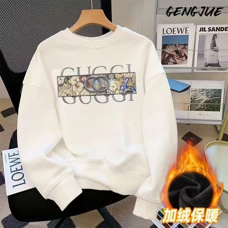 Gucci European trendy brand printed men's sweatshirt heavy cotton round neck and fleece autumn and winter loose fashion and versatile top