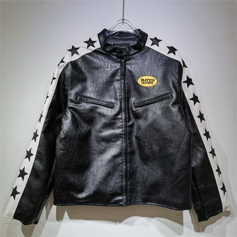 25. European and American new autumn and winter retro racing suits, heavy industry PU leather jackets, spliced embroidery jackets, men's and women's jackets, motorcycle suits