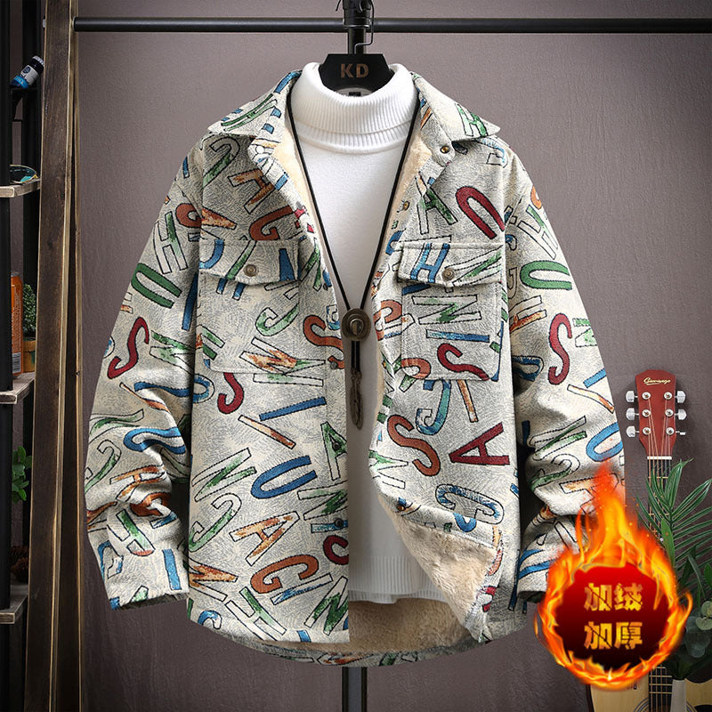 LV Fleece thickened jacquard yarn-dyed autumn and winter Korean shirt with men's ethnic style loose top casual jacket