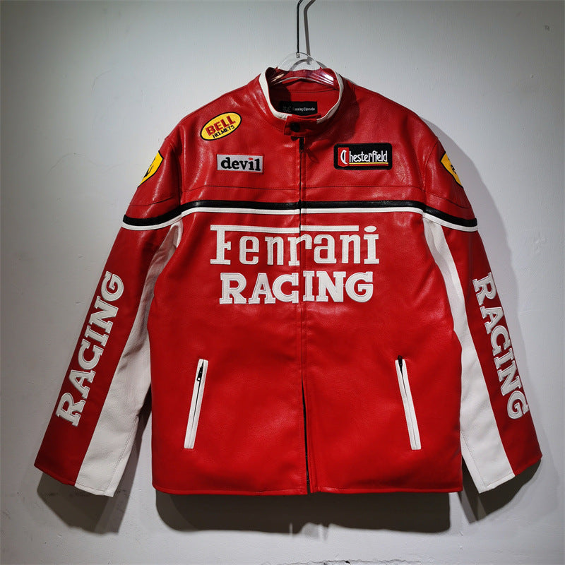 25. European and American new autumn and winter retro racing suits, heavy industry PU leather jackets, spliced embroidery jackets, men's and women's jackets, motorcycle suits