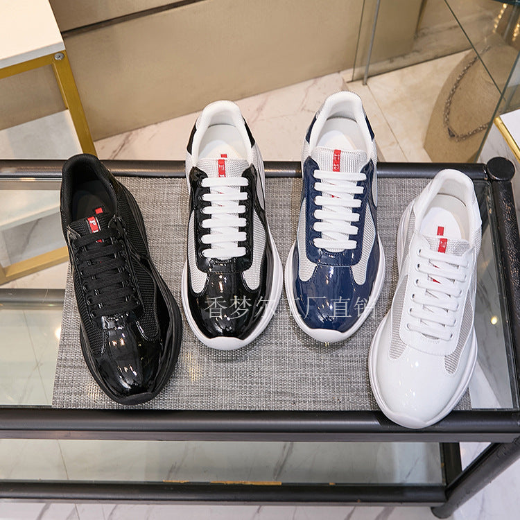 Prada Cross-border patent leather mesh breathable and odor-proof splicing couple fashion and versatile platform casual sports men's shoes trendy shoes