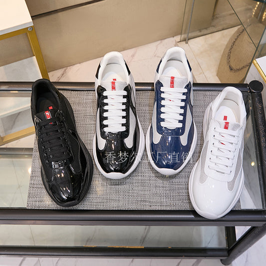 Prada Cross-border patent leather mesh breathable and odor-proof splicing couple fashion and versatile platform casual sports men's shoes trendy shoes