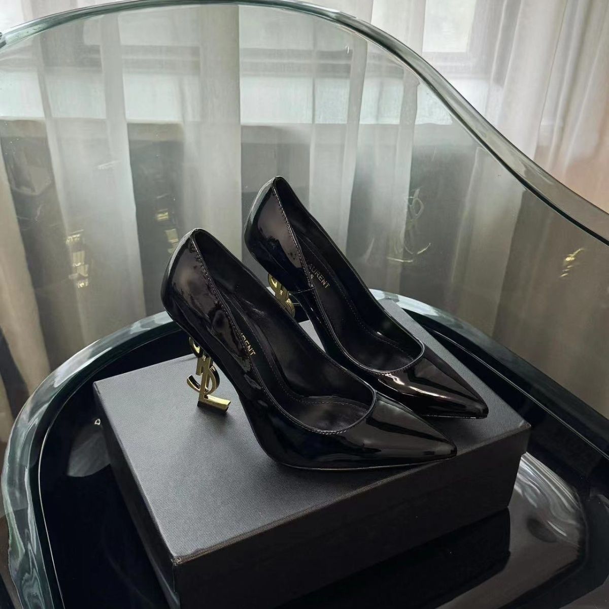 YSL 2025 New Casual Same French Letter Celebrity High Heels YS Pointed Toe Metal Heel Sexy Black Shoes