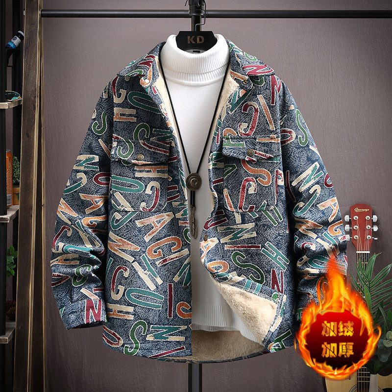 LV Fleece thickened jacquard yarn-dyed autumn and winter Korean shirt with men's ethnic style loose top casual jacket