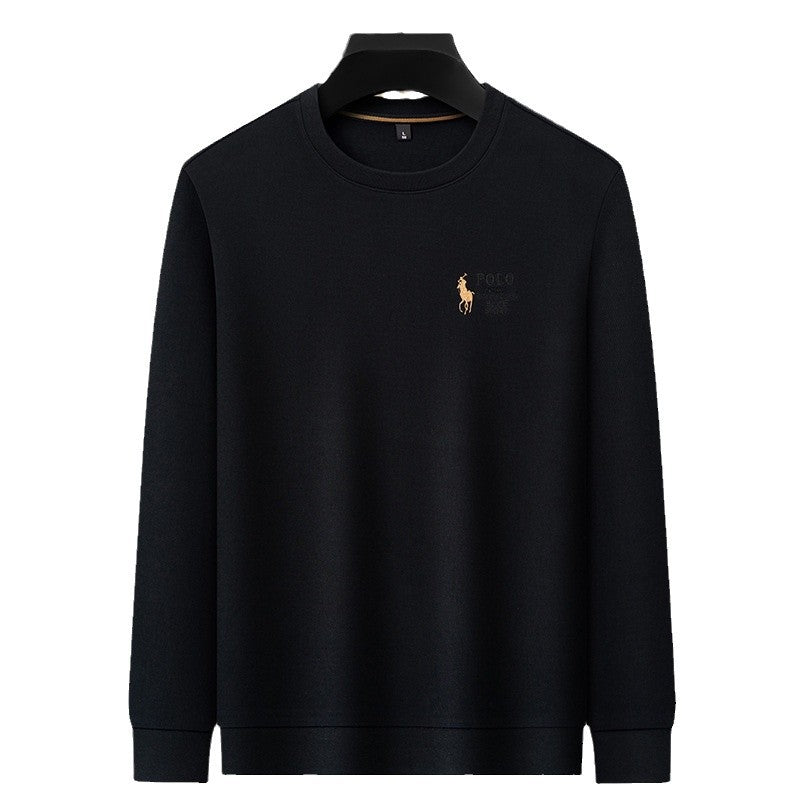 Polo Thickened embroidered crew neck sweatshirt for young men in solid colors 2025 autumn new cotton long-sleeved T-shirt base shirt for men