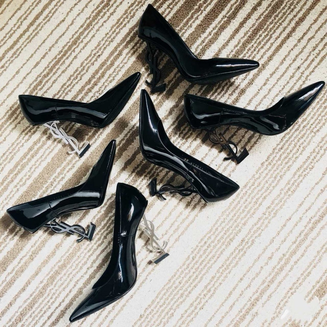 2025 Trend YSL French High Heels Women 2025 Summer New Gold Letter Logo Thin Heel Sexy Open Toe Strap Sandals