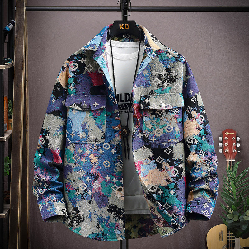 LV Fleece thickened jacquard yarn-dyed autumn and winter Korean shirt with men's ethnic style loose top casual jacket