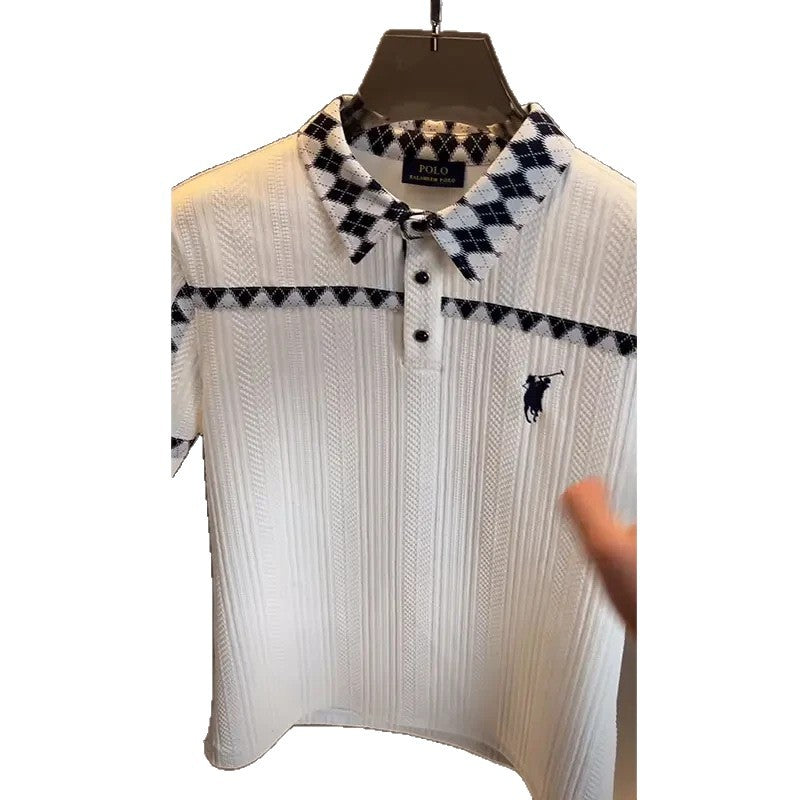 Polo European station light luxury haute couture men's clothing 2025 summer new diamond plaid spliced solid color business simple shirt