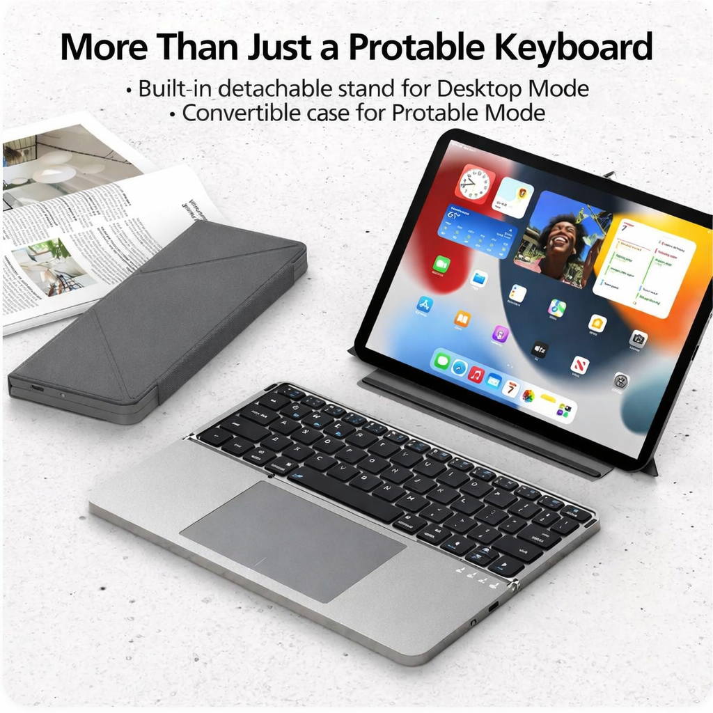 Ultimate Portable Keyboard Suite – 4‑System Bluetooth, Premium Fold‑Over Leather Case, 64‑Key Mini Layout & Ultra‑Thin Touchpad Control