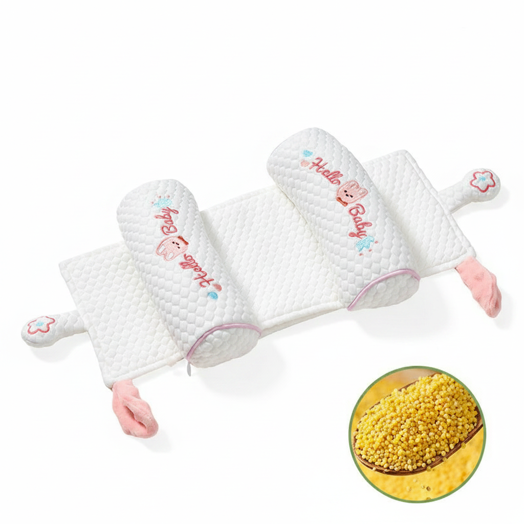 Ergonomic Newborn Baby Head Shaping Pillow – Breathable Millet-Filled Anti-Flat Head Support for Infants 0-6 Months – Adjustable Side Sleeper Positioning Cushion for Healthy Skull Development