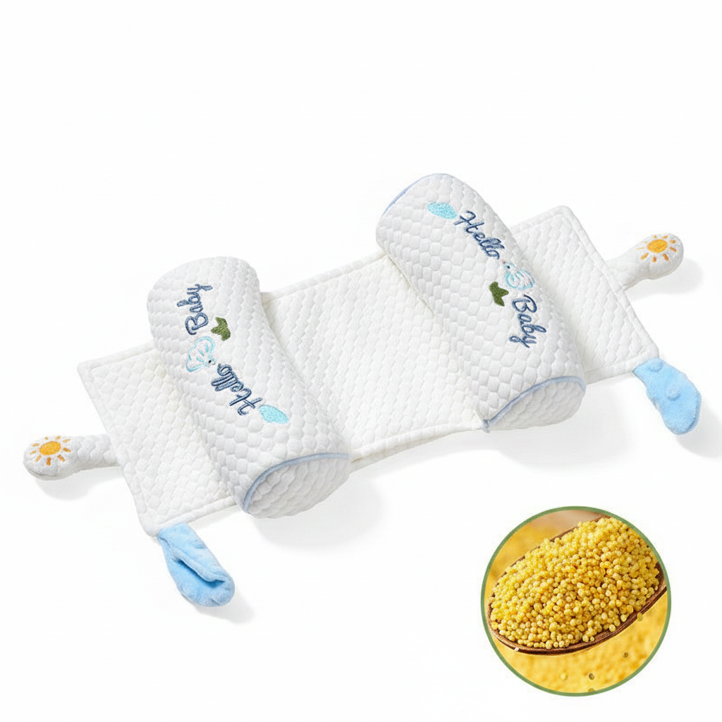 Ergonomic Newborn Baby Head Shaping Pillow – Breathable Millet-Filled Anti-Flat Head Support for Infants 0-6 Months – Adjustable Side Sleeper Positioning Cushion for Healthy Skull Development